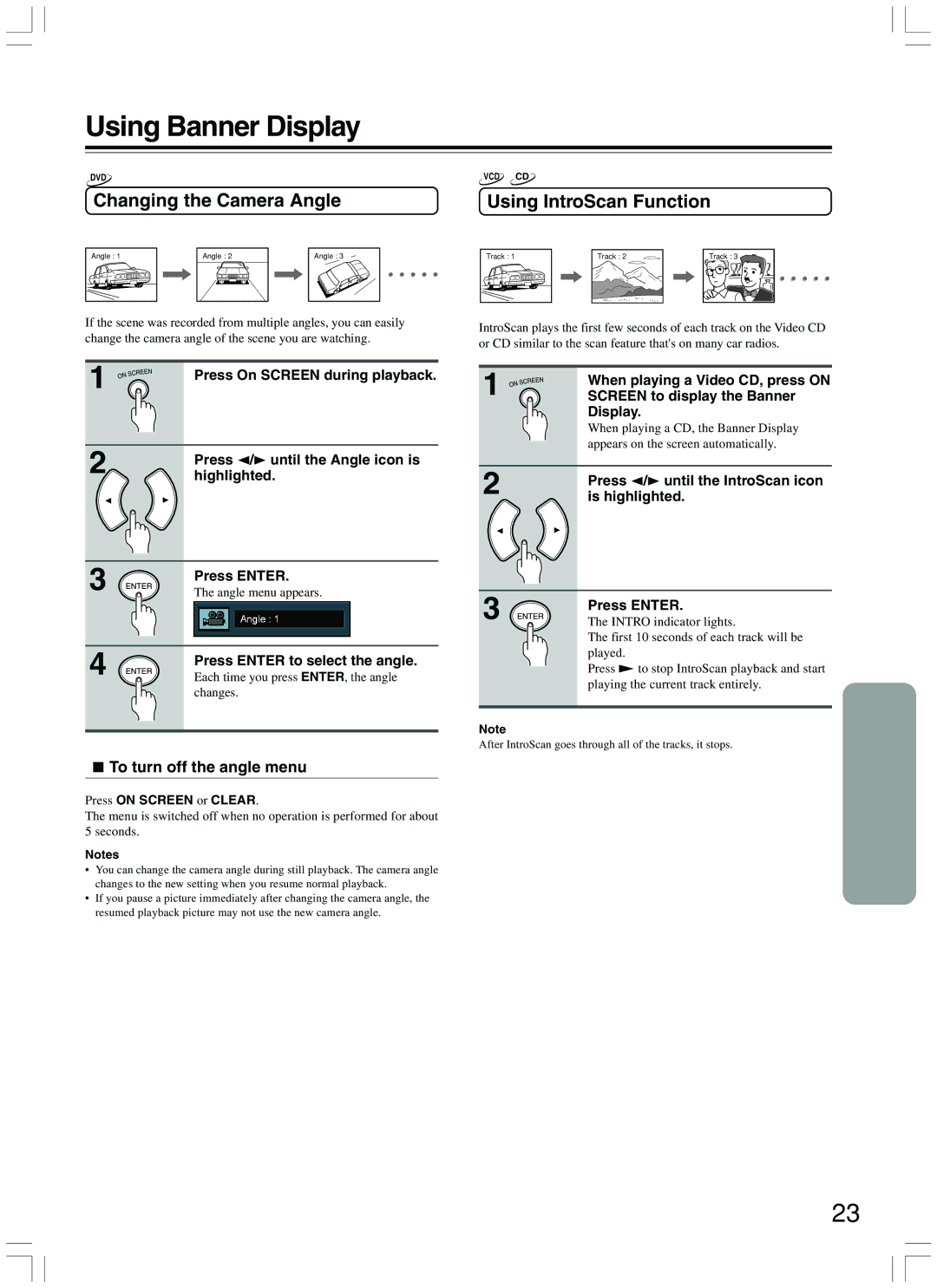 Onkyo DV-CP500 instruction manual Changing the Camera Angle, Using IntroScan Function, To turn off the angle menu 