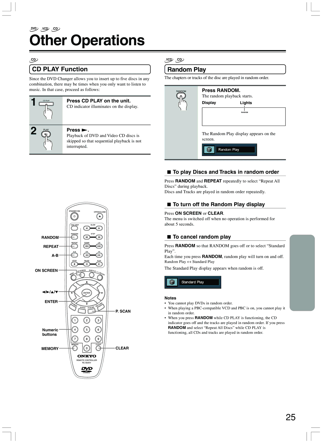 Onkyo DV-CP500 instruction manual Other Operations, CD Play Function, Random Play 