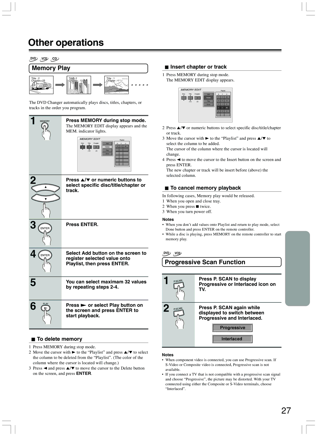 Onkyo DV-CP500 instruction manual Memory Play, Progressive Scan Function, To delete memory, Insert chapter or track 