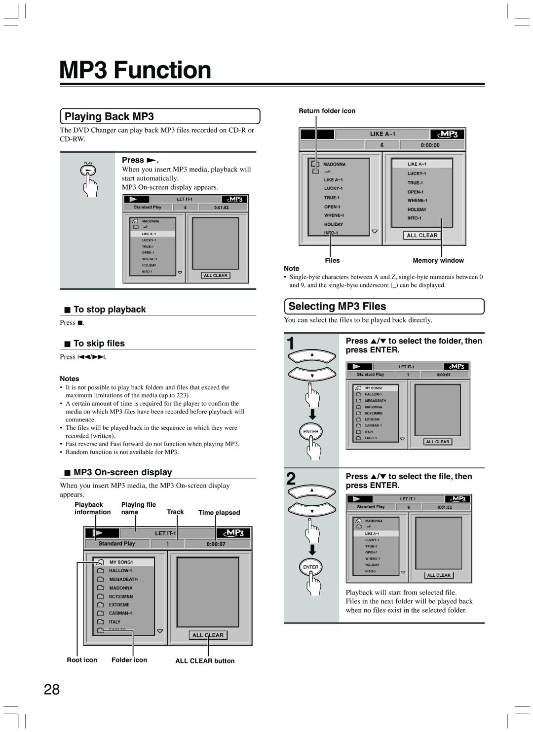 Onkyo DV-CP500 instruction manual MP3 Function, Playing Back MP3, Selecting MP3 Files, To skip files, MP3 On-screen display 