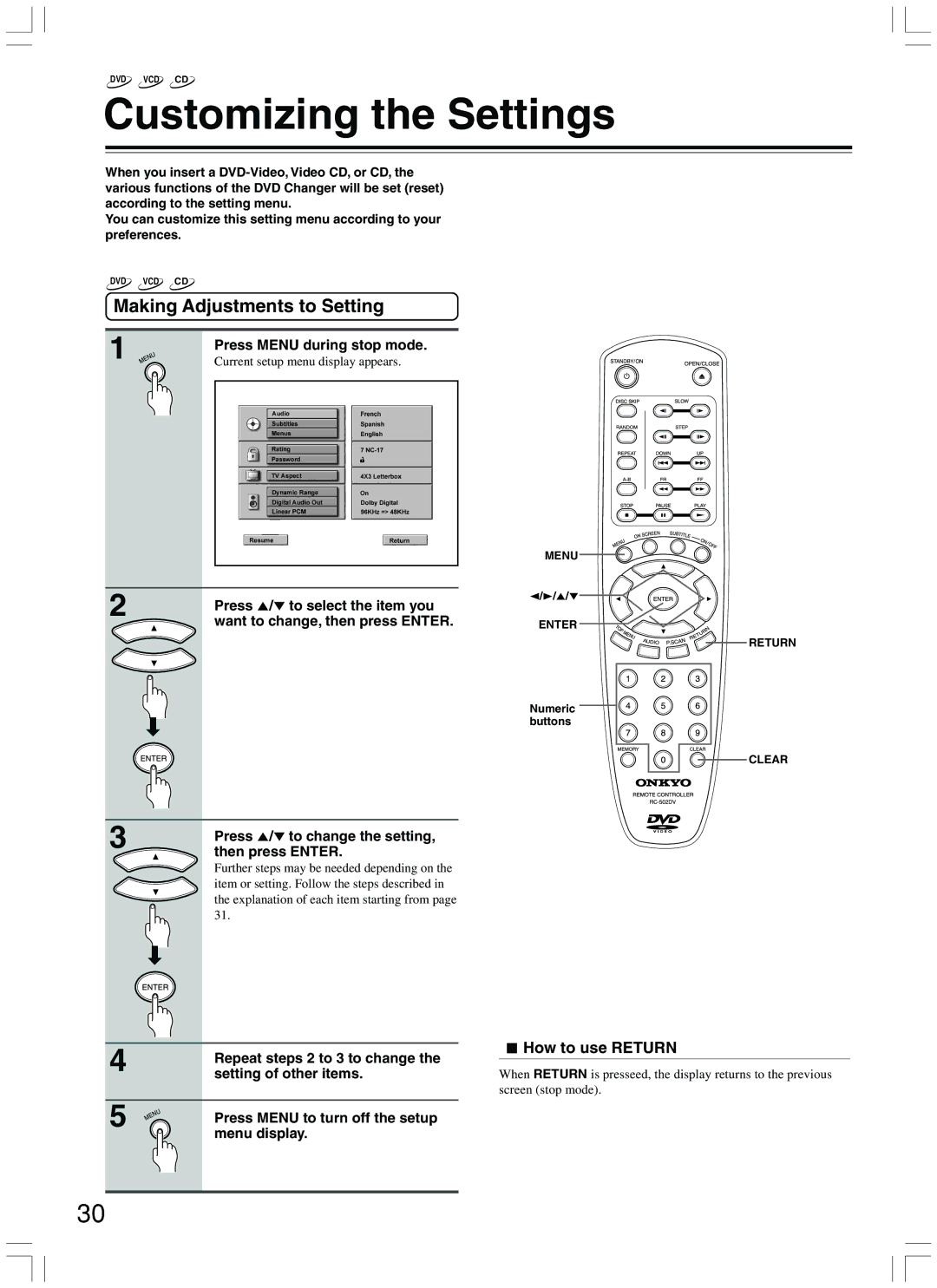 Onkyo DV-CP500 instruction manual Customizing the Settings, Making Adjustments to Setting, How to use Return 