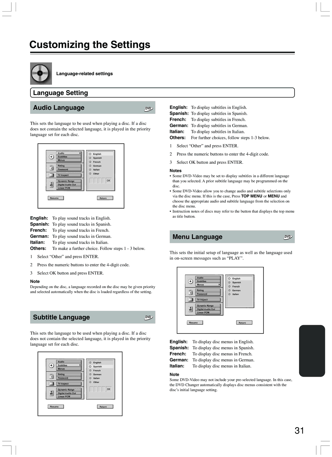 Onkyo DV-CP500 Customizing the Settings, Language Setting Audio Language, Subtitle Language, Menu Language 