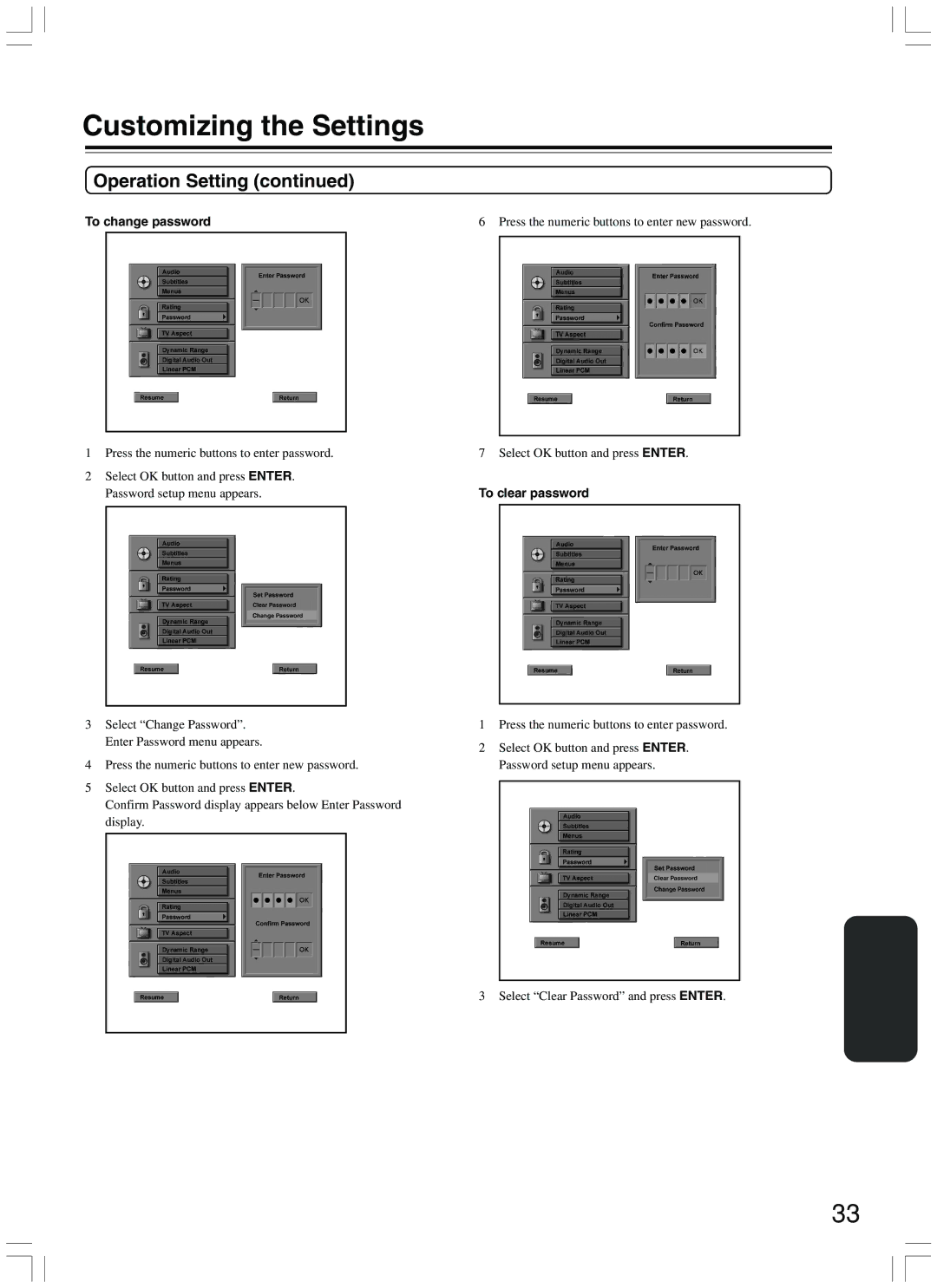 Onkyo DV-CP500 instruction manual Operation Setting, To change password, To clear password 