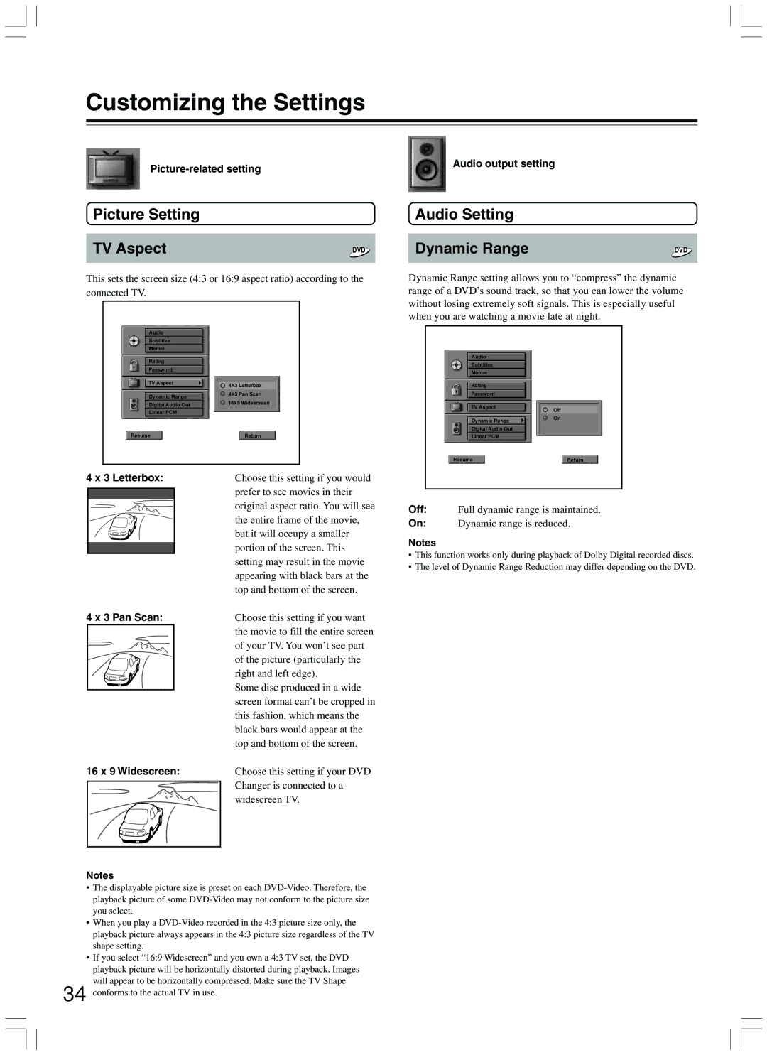 Onkyo DV-CP500 instruction manual Picture Setting Audio Setting TV Aspect, Dynamic Range 