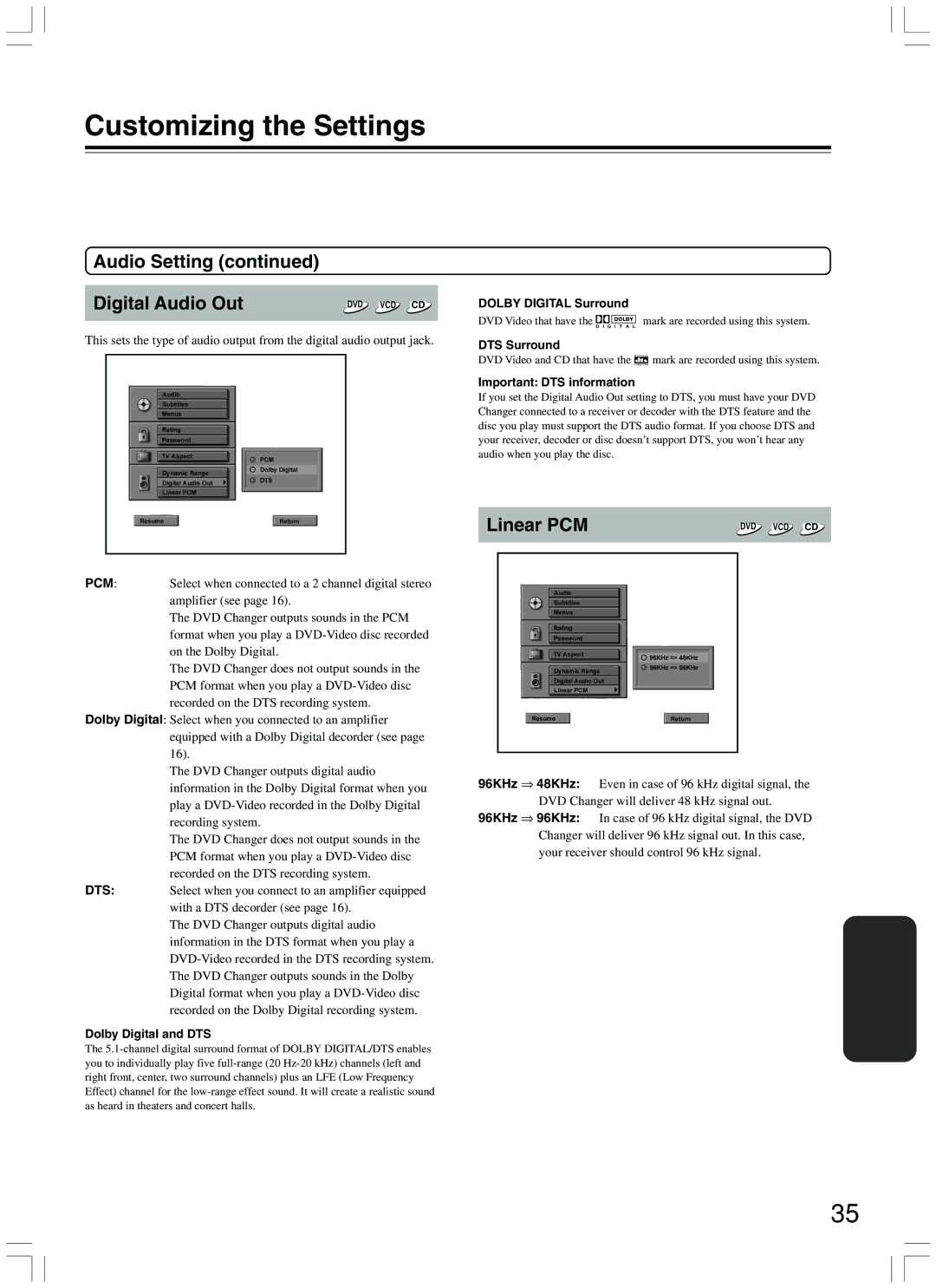 Onkyo DV-CP500 instruction manual Audio Setting Digital Audio Out, Linear PCM 