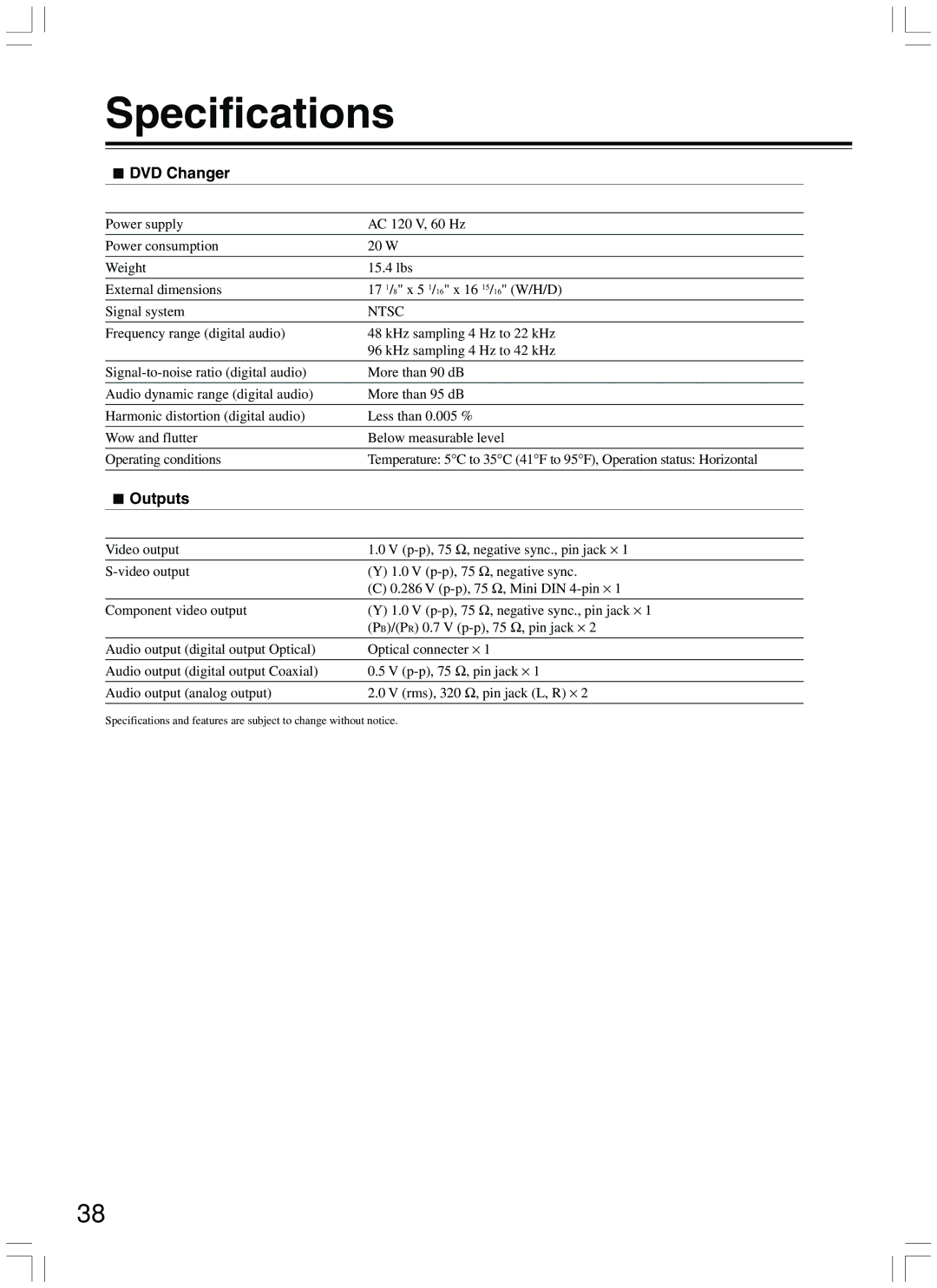 Onkyo DV-CP500 instruction manual Specifications, DVD Changer, Outputs 