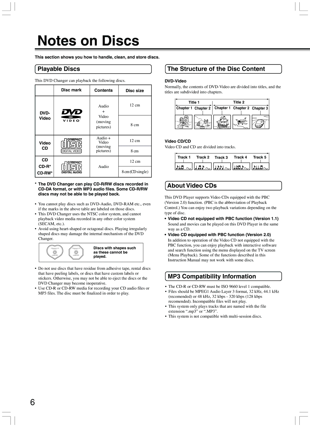 Onkyo DV-CP500 Playable Discs Structure of the Disc Content, About Video CDs, MP3 Compatibility Information 