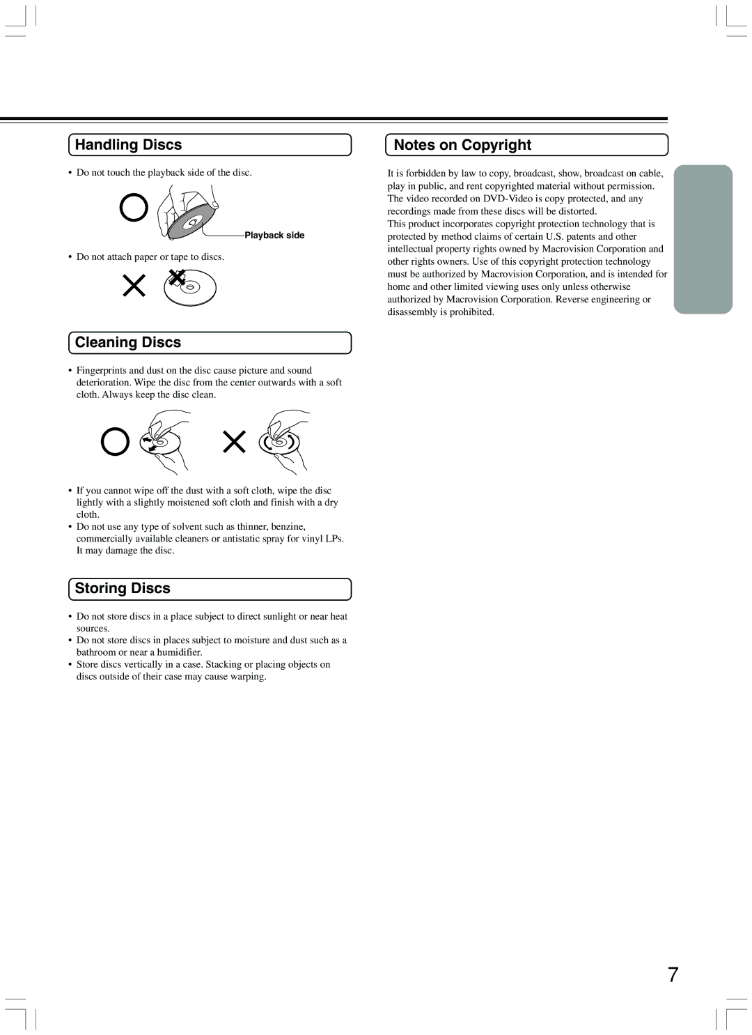 Onkyo DV-CP500 instruction manual Handling Discs, Cleaning Discs, Storing Discs, Do not touch the playback side of the disc 