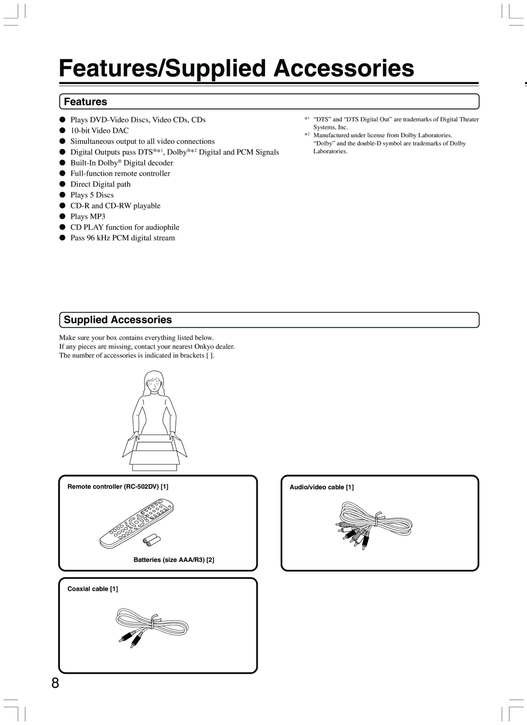 Onkyo DV-CP500 Features/Supplied Accessories, Remote controller RC-502DV, Batteries size AAA/R3 Coaxial cable 