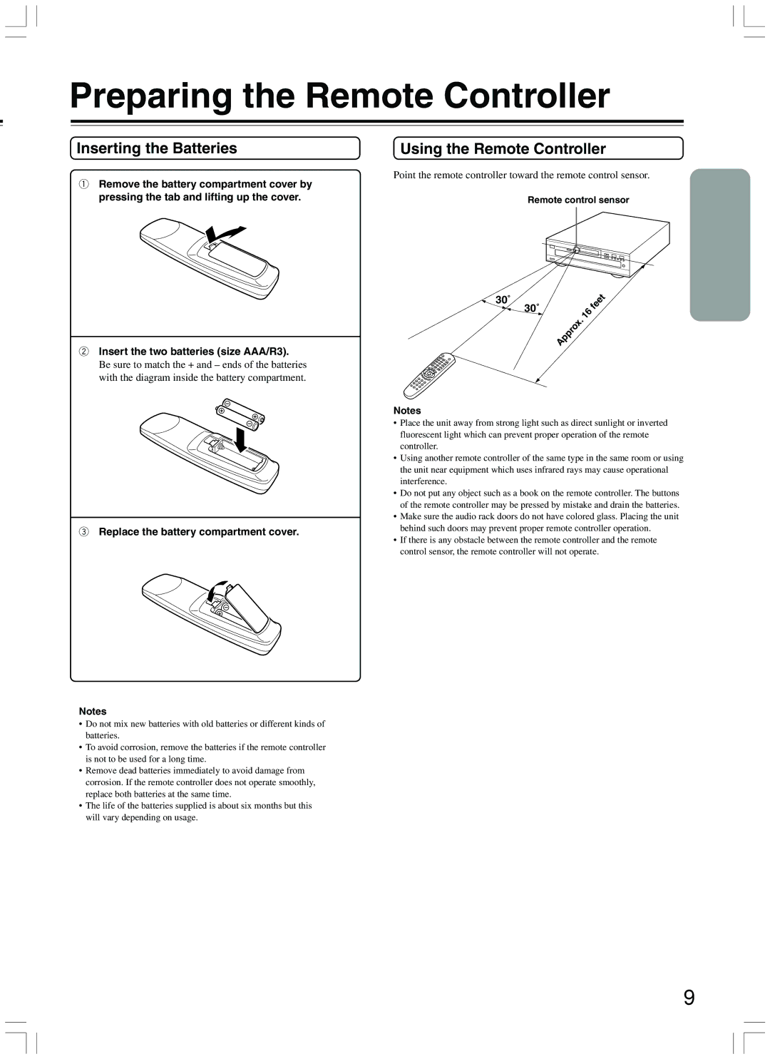 Onkyo DV-CP500 Preparing the Remote Controller, Inserting the Batteries, Using the Remote Controller, 30˚ 