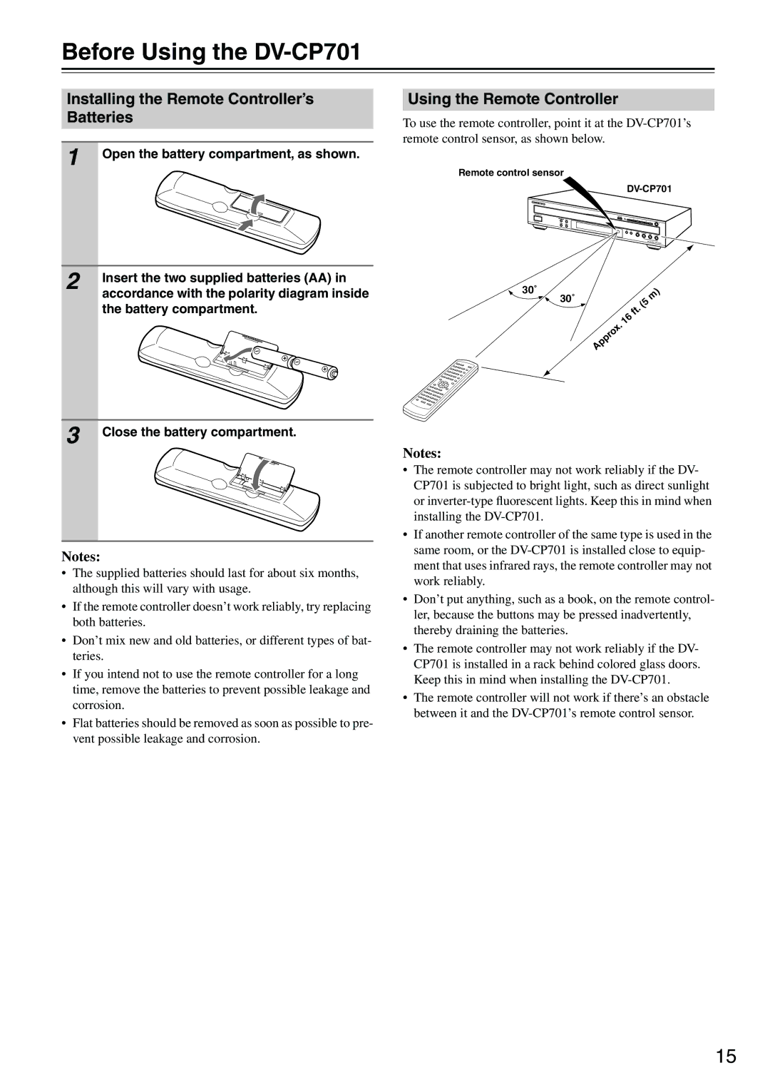 Onkyo Before Using the DV-CP701, Open the battery compartment, as shown, Insert the two supplied batteries AA 