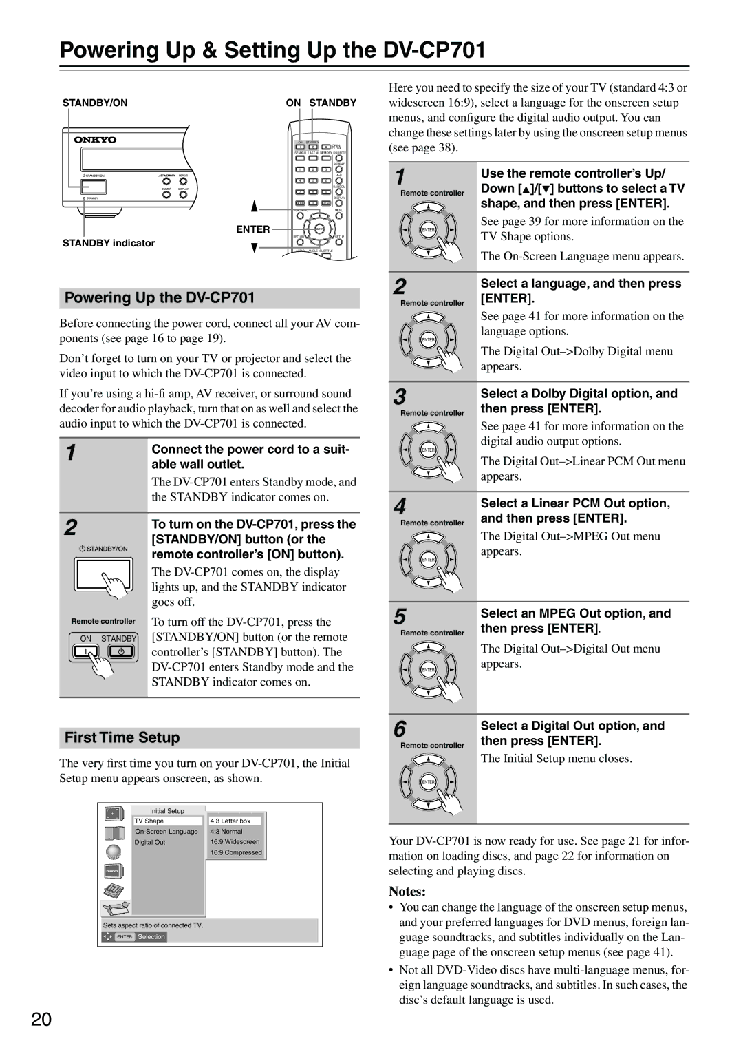 Onkyo instruction manual Powering Up & Setting Up the DV-CP701, Powering Up the DV-CP701, First Time Setup 