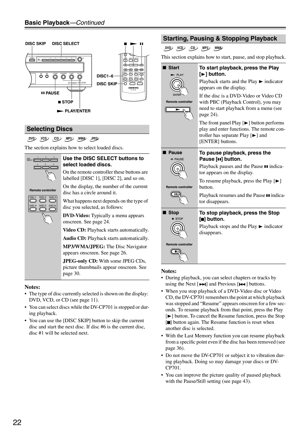 Onkyo DV-CP701 instruction manual Basic Playback, Selecting Discs, Starting, Pausing & Stopping Playback 