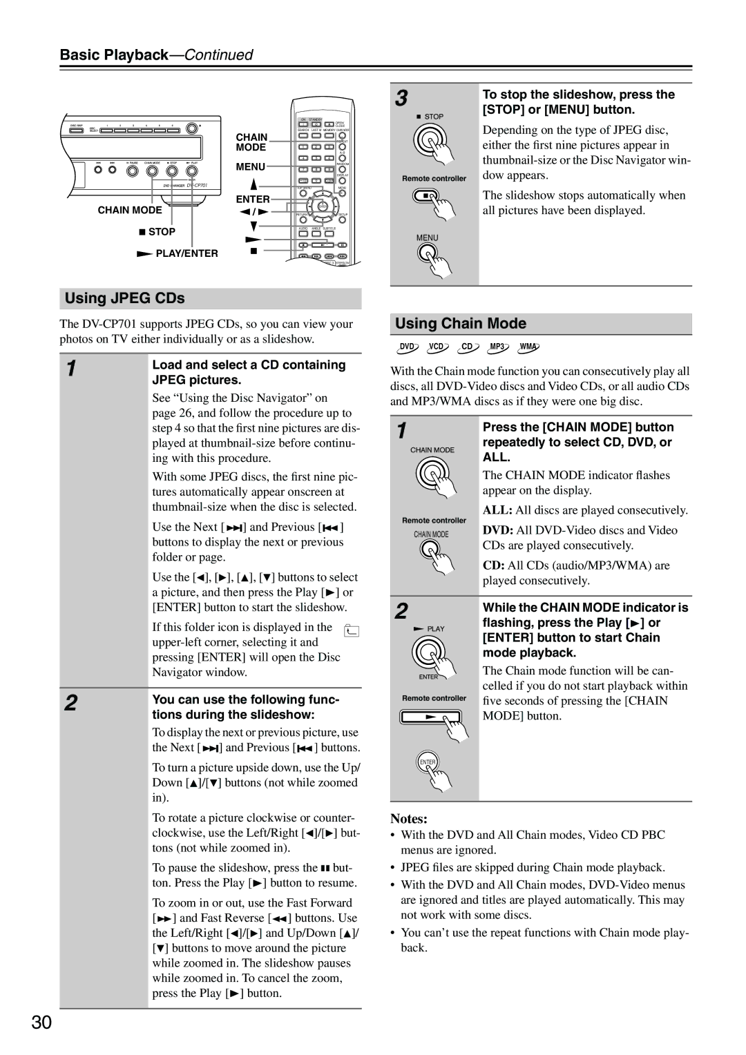 Onkyo DV-CP701 instruction manual Using Jpeg CDs, Using Chain Mode 