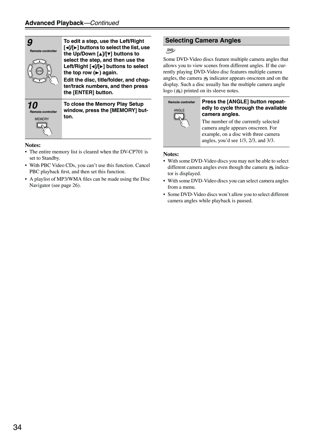 Onkyo DV-CP701 instruction manual Selecting Camera Angles 