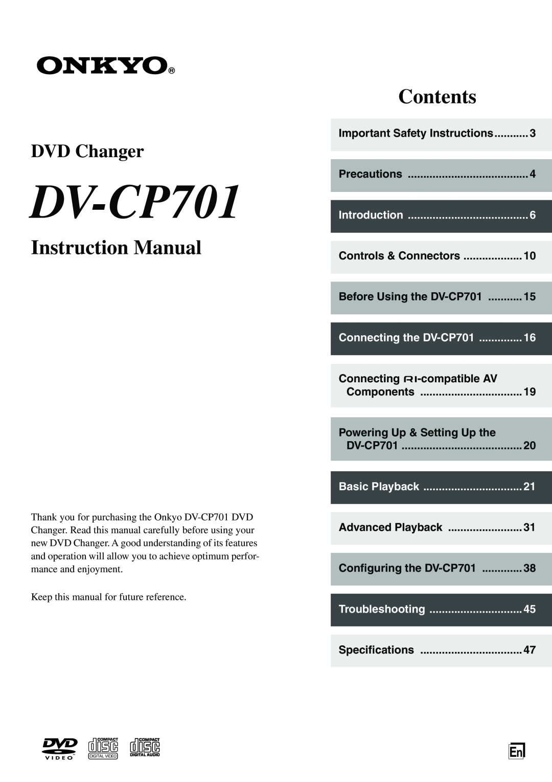 Onkyo instruction manual Introduction, Connecting the DV-CP701, Basic Playback, Troubleshooting, Instruction Manual 