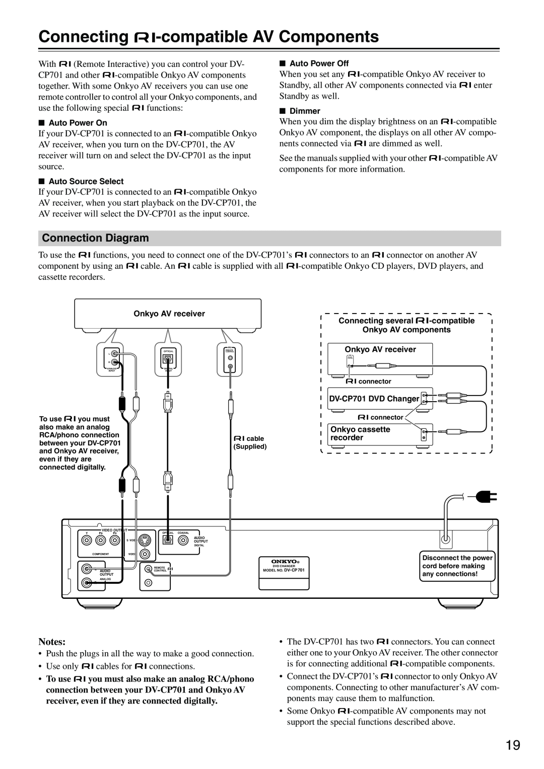 Onkyo DV-CP701 instruction manual Connecting -compatibleAV Components, Connection Diagram, Notes 