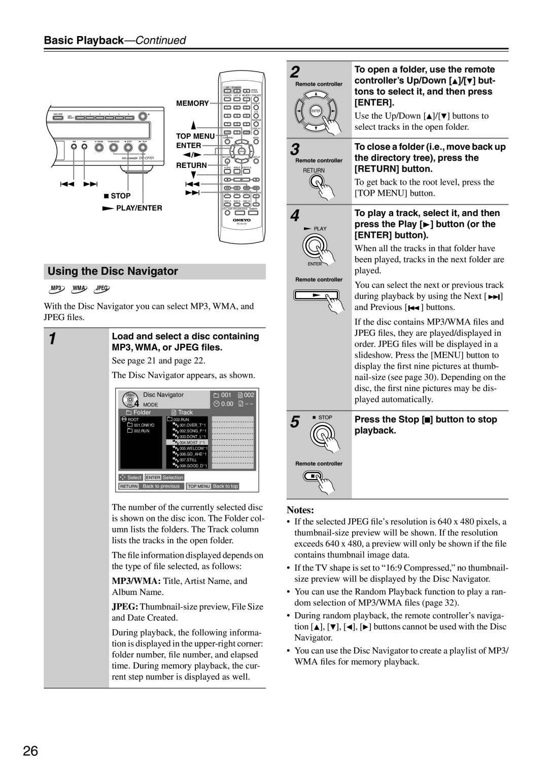 Onkyo DV-CP701 instruction manual Notes, Use the Up/Down / buttons to, select tracks in the open folder, TOP MENU button 