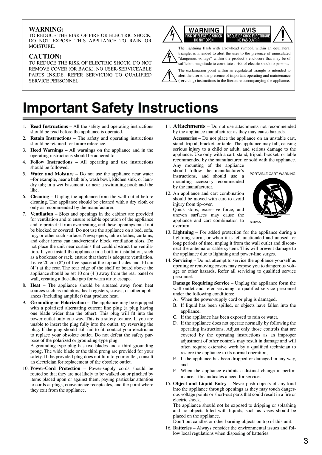 Onkyo DV-CP701 instruction manual Avis, Important Safety Instructions 