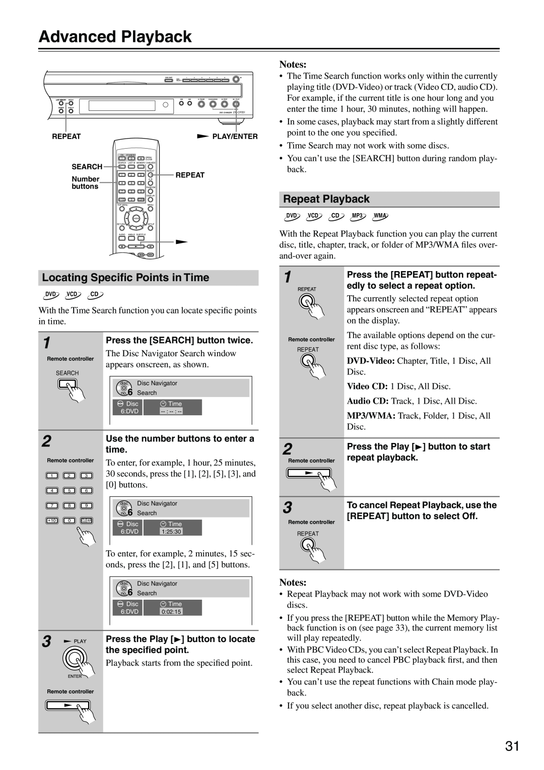Onkyo DV-CP701 instruction manual Advanced Playback, Locating Speciﬁc Points in Time, Repeat Playback, Notes 