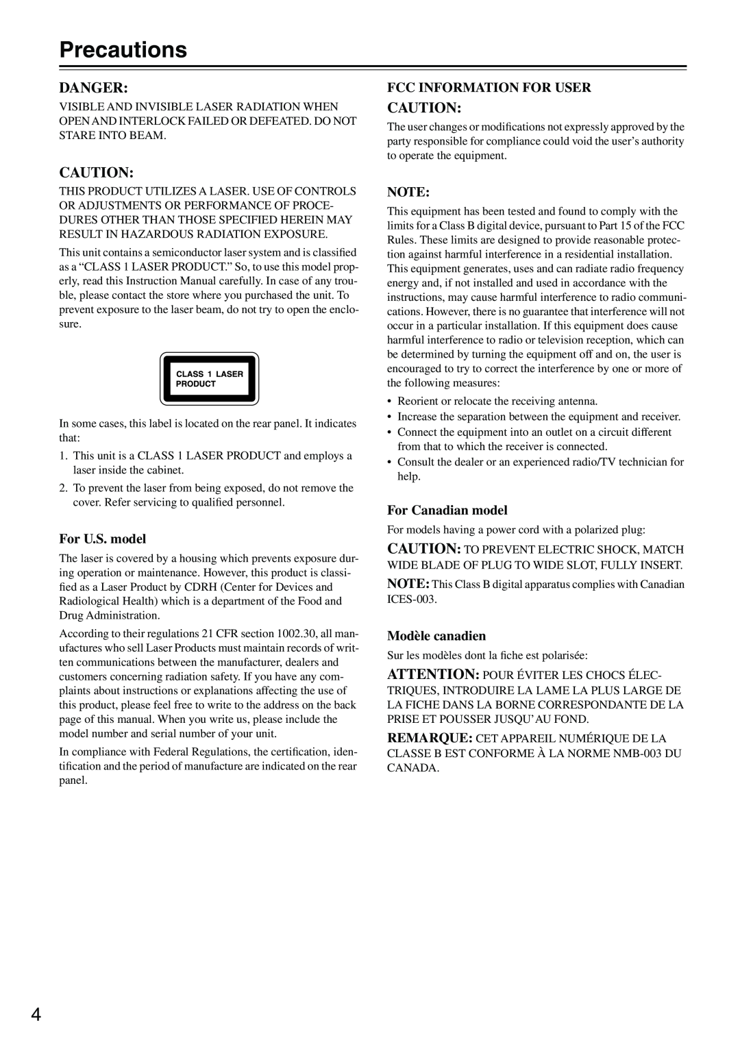Onkyo DV-CP701 Precautions, Danger, For U.S. model, Fcc Information For User, For Canadian model, Modèle canadien 