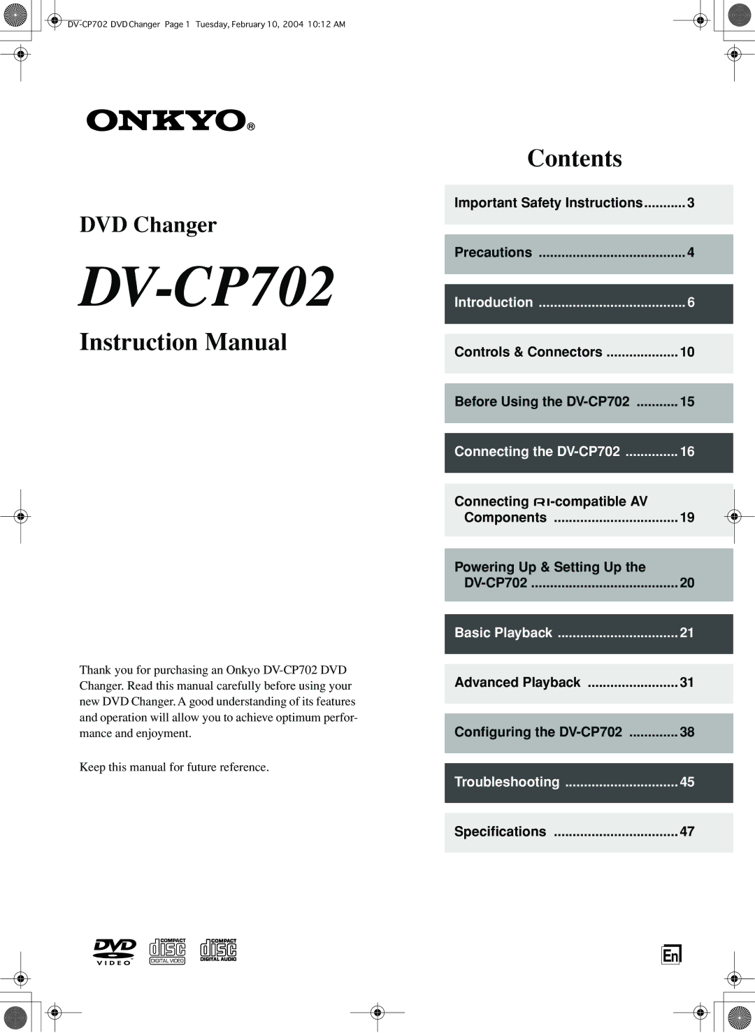 Onkyo DV-CP702 instruction manual 