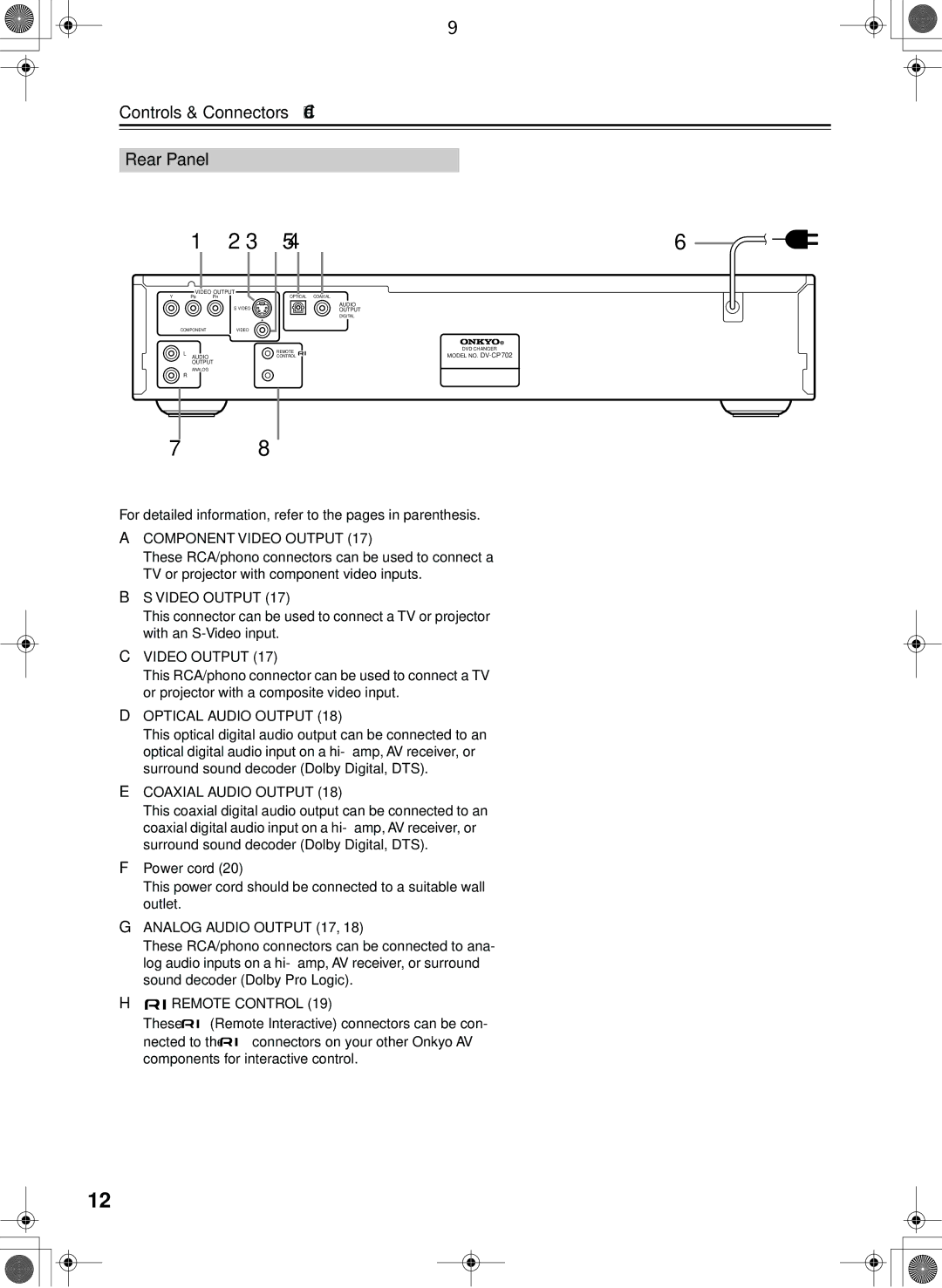 Onkyo DV-CP702 instruction manual Controls & Connectors Rear Panel, Power cord 