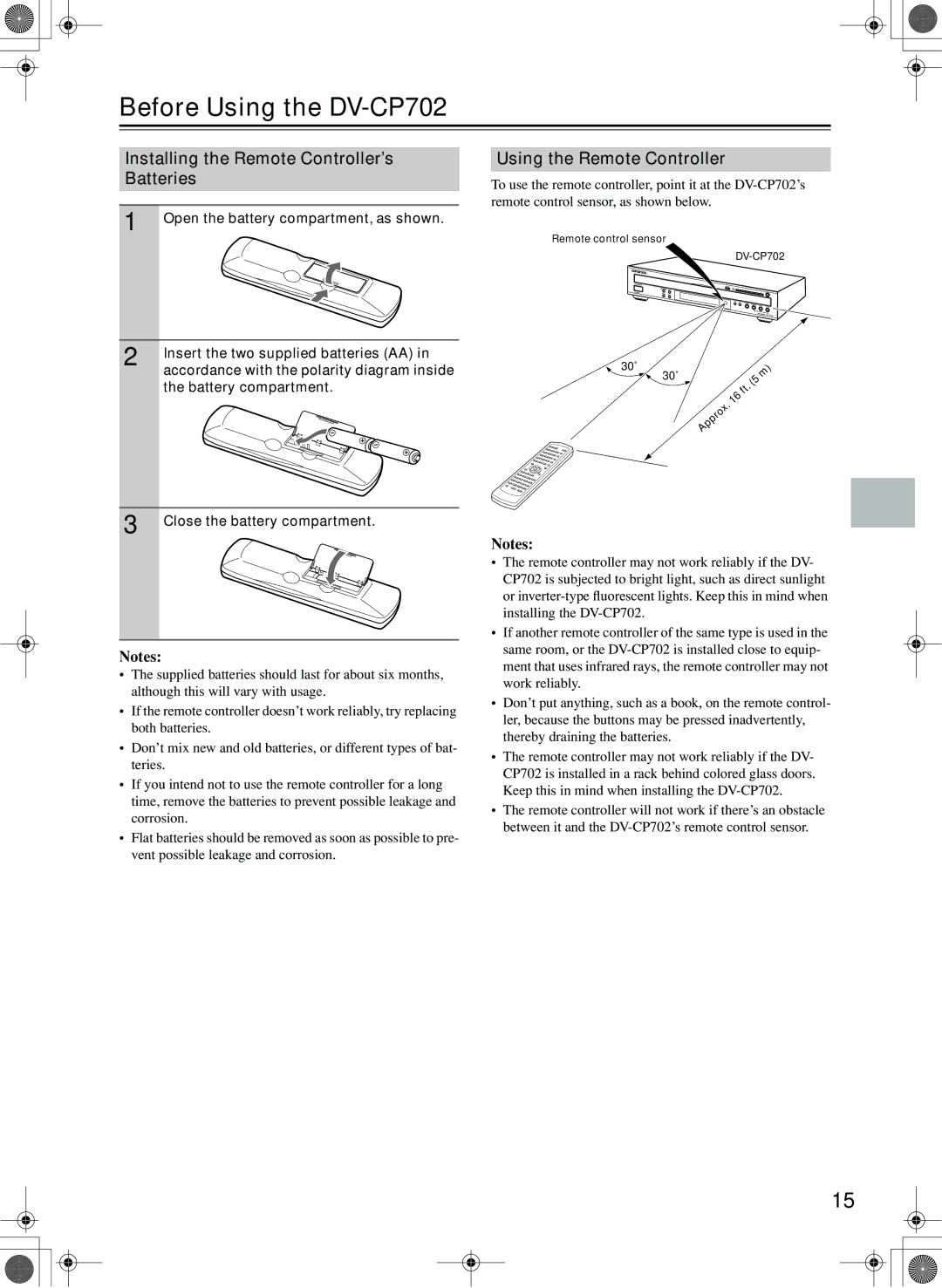 Onkyo Before Using the DV-CP702, Open the battery compartment, as shown, Insert the two supplied batteries AA 