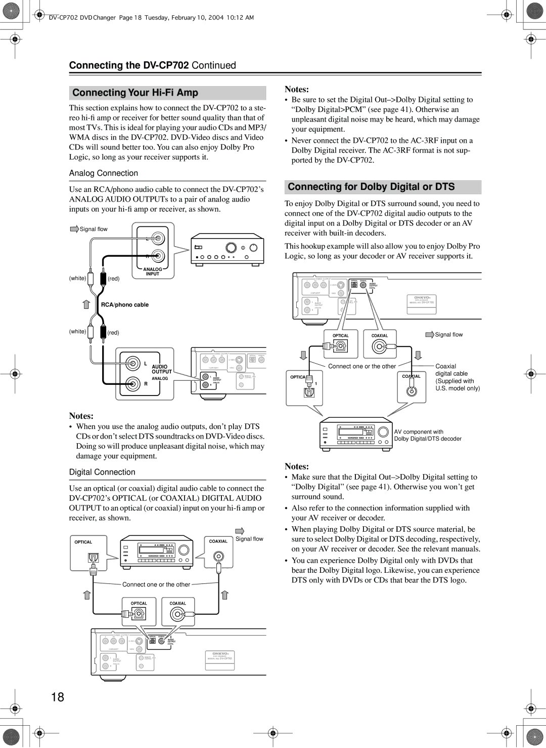 Onkyo Connecting the DV-CP702 Connecting Your Hi-Fi Amp, Connecting for Dolby Digital or DTS, Analog Connection 