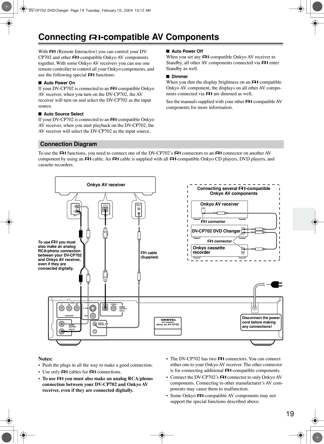 Onkyo DV-CP702 instruction manual Connecting -compatible AV Components, Connection Diagram 