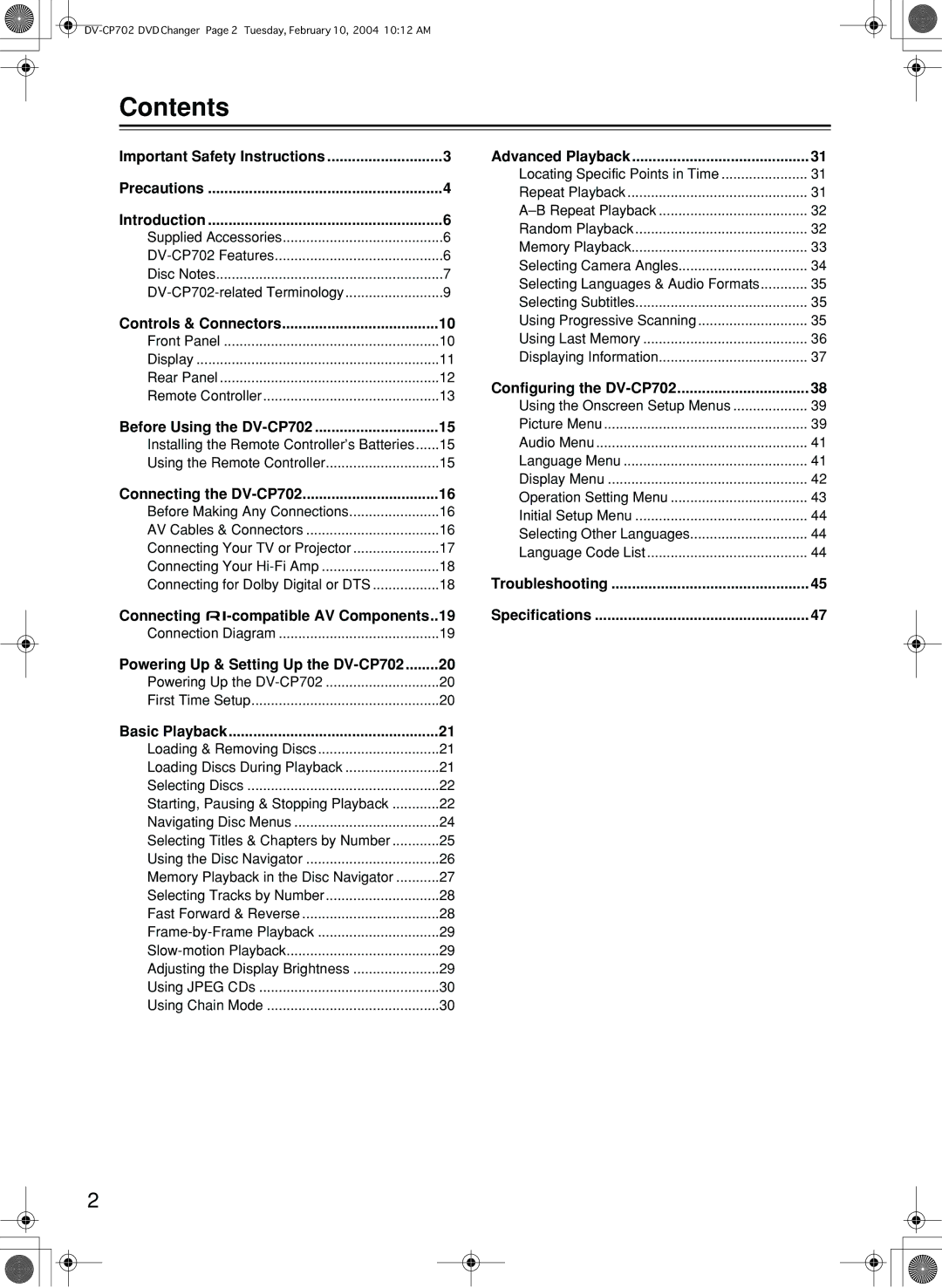 Onkyo DV-CP702 instruction manual Contents 