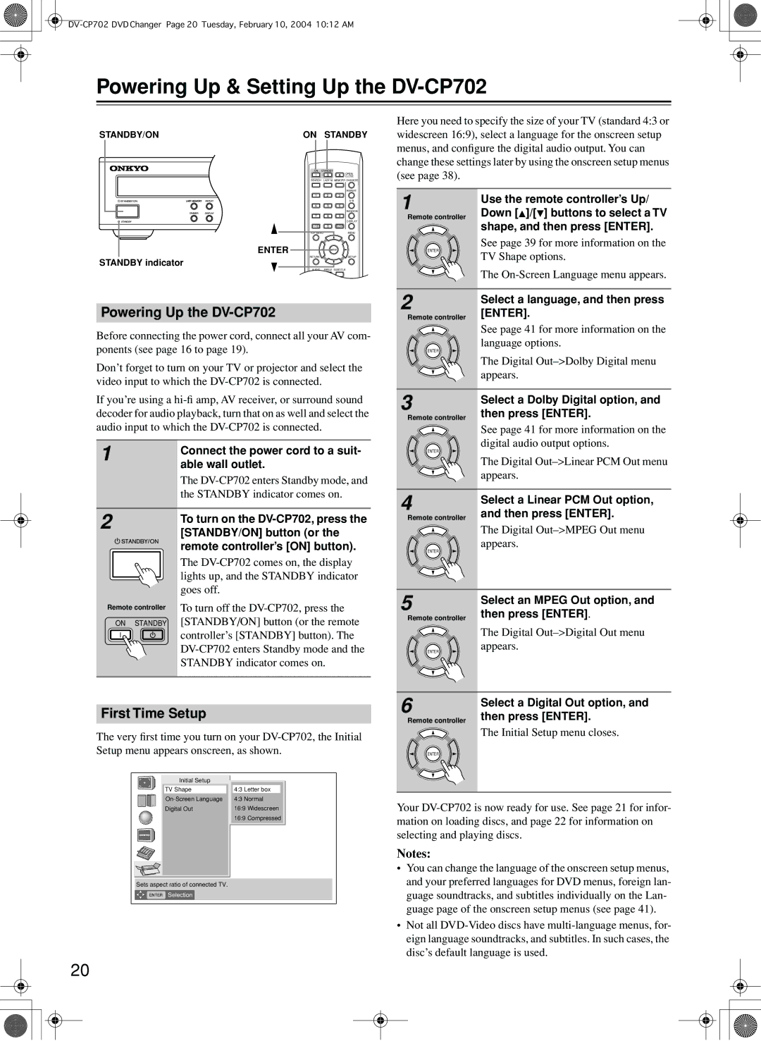 Onkyo instruction manual Powering Up & Setting Up the DV-CP702, Powering Up the DV-CP702, First Time Setup 