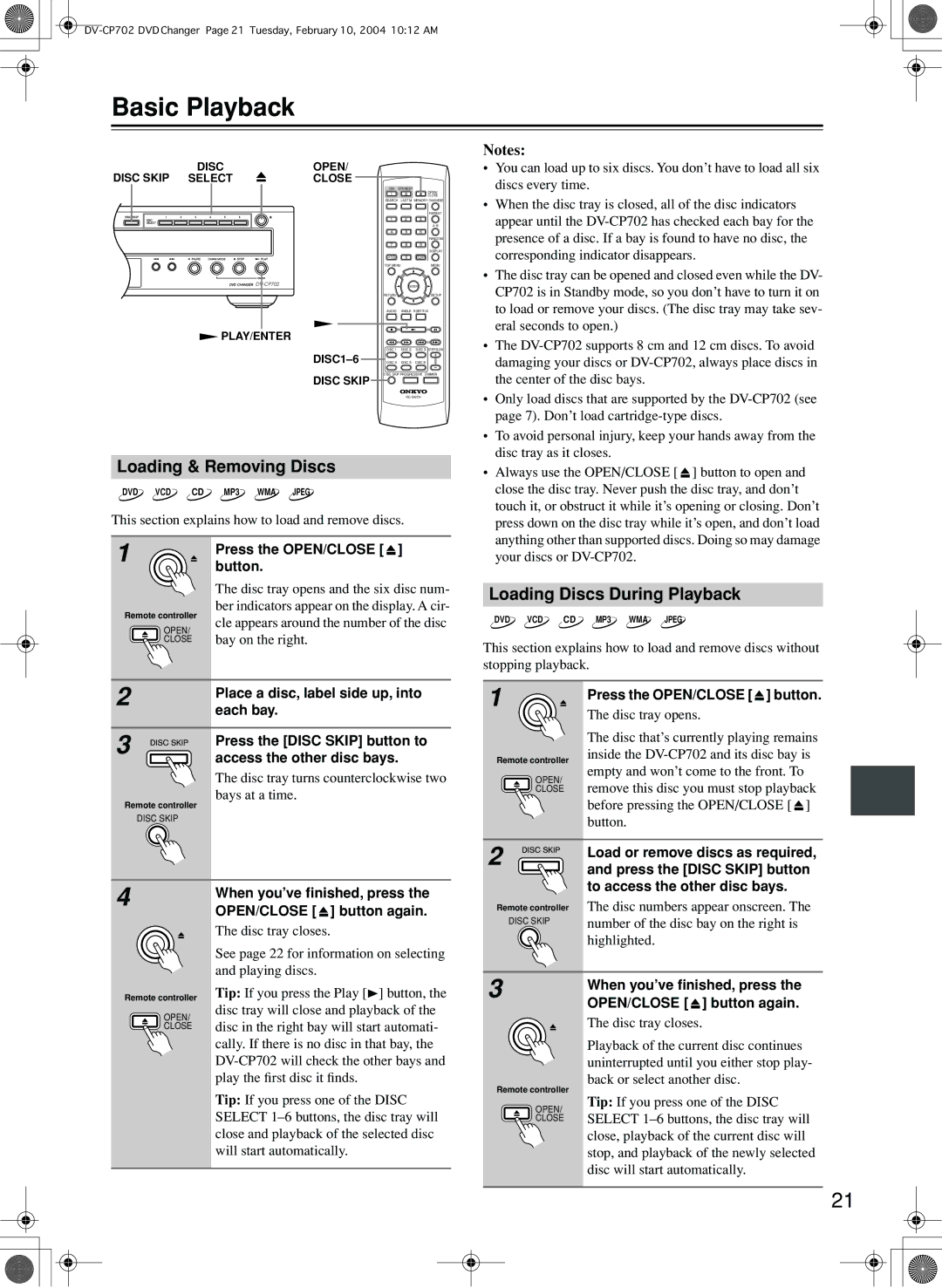 Onkyo DV-CP702 instruction manual Basic Playback, Loading & Removing Discs, Loading Discs During Playback 