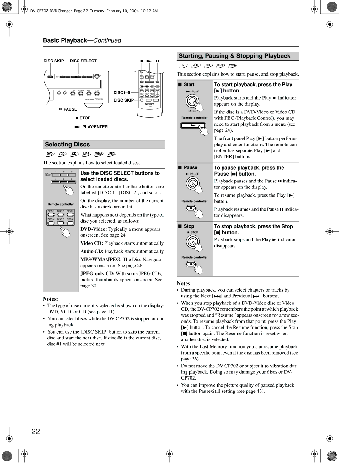 Onkyo DV-CP702 instruction manual Basic Playback, Selecting Discs, Starting, Pausing & Stopping Playback 