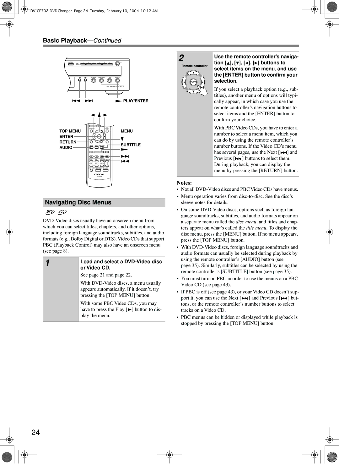 Onkyo DV-CP702 instruction manual Navigating Disc Menus, Load and select a DVD-Video disc, Or Video CD 