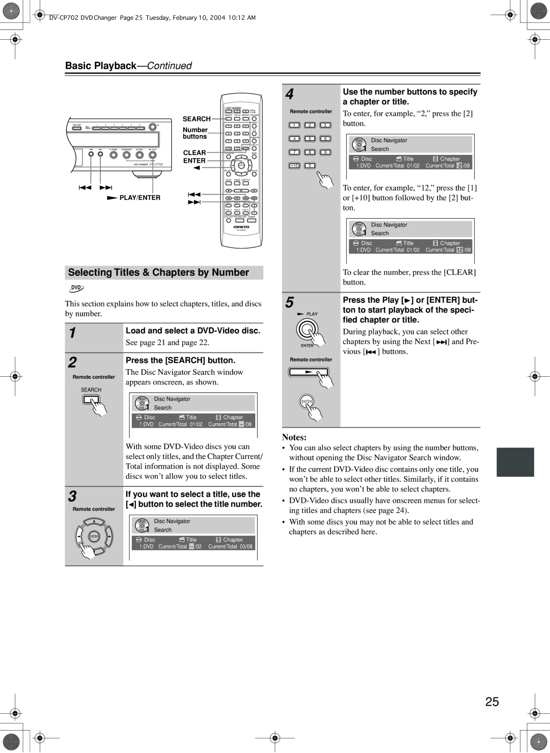 Onkyo DV-CP702 Selecting Titles & Chapters by Number, Use the number buttons to specify a chapter or title 