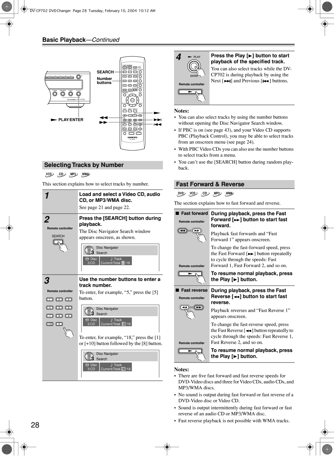 Onkyo DV-CP702 instruction manual Selecting Tracks by Number, Fast Forward & Reverse 