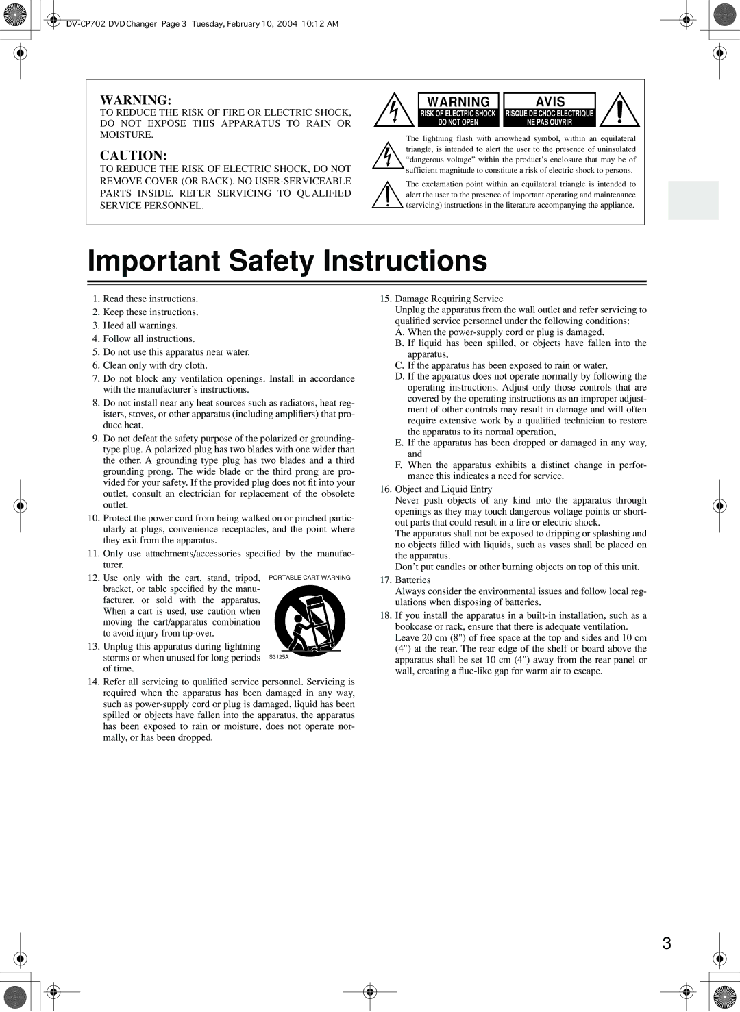 Onkyo DV-CP702 instruction manual Important Safety Instructions 