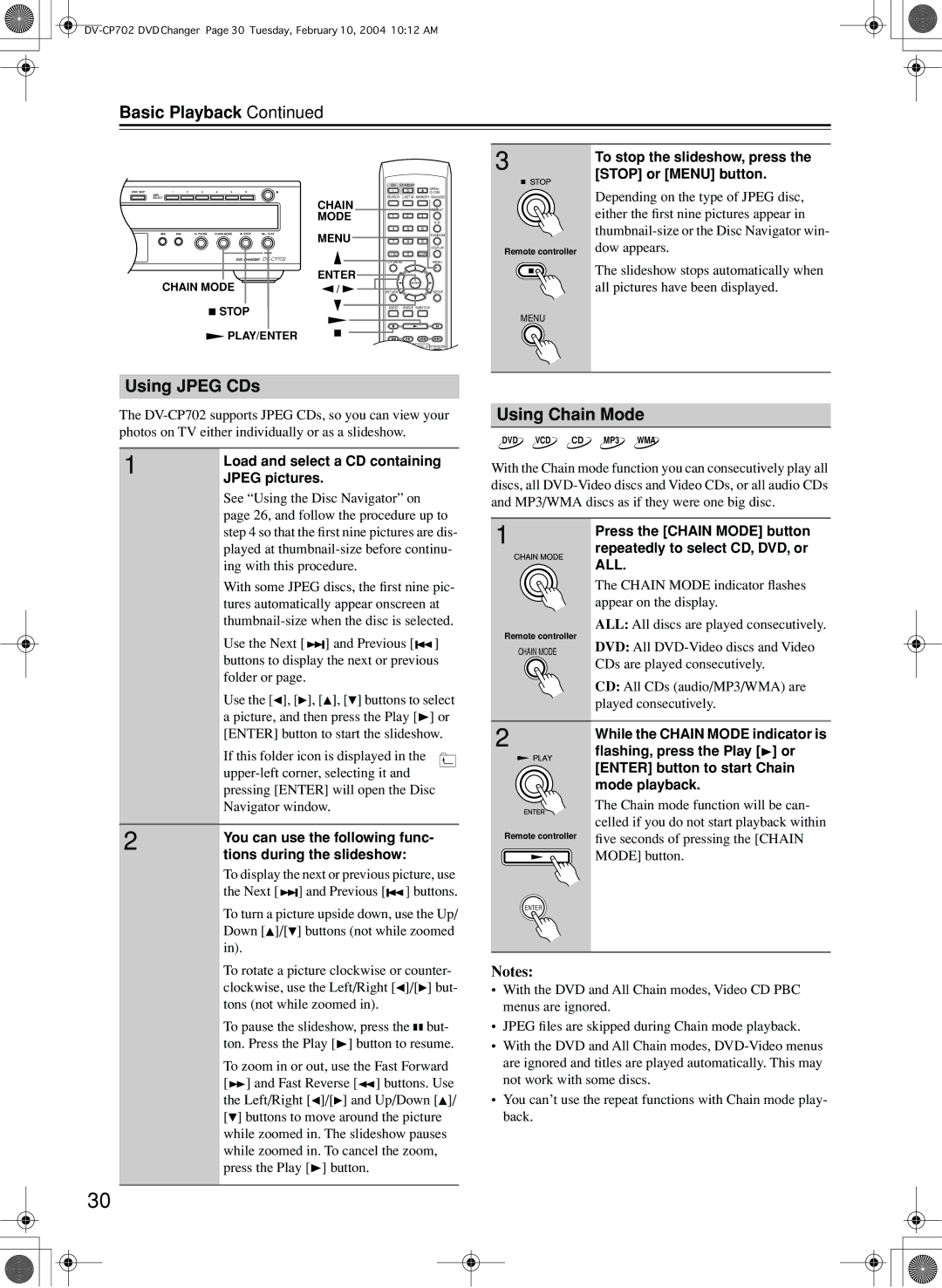 Onkyo DV-CP702 instruction manual Using Jpeg CDs, Using Chain Mode 