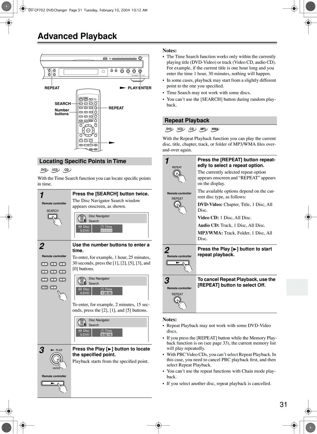 Onkyo DV-CP702 instruction manual Advanced Playback, Locating Speciﬁc Points in Time, Repeat Playback 