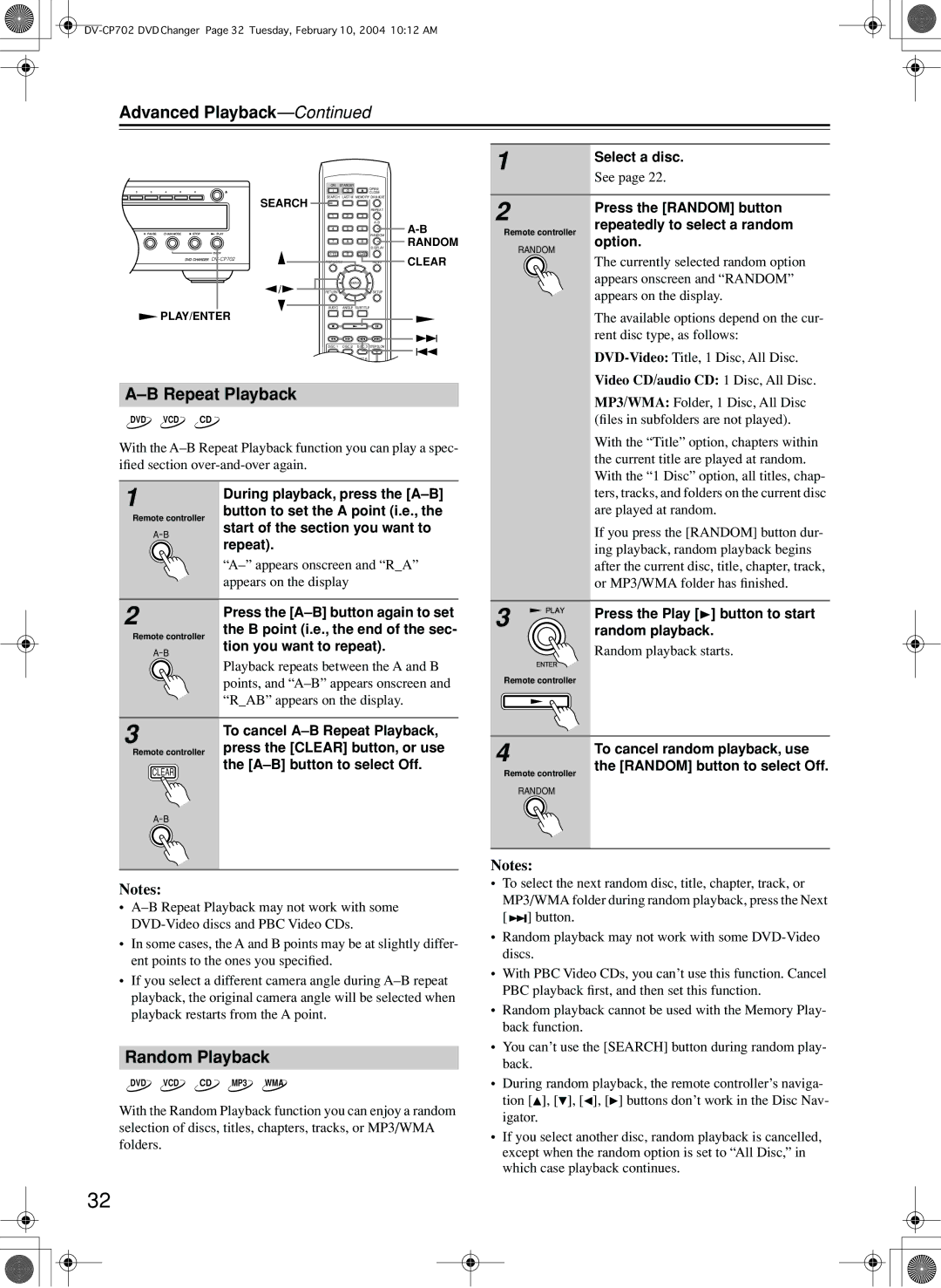 Onkyo DV-CP702 instruction manual Advanced Playback, Random Playback 