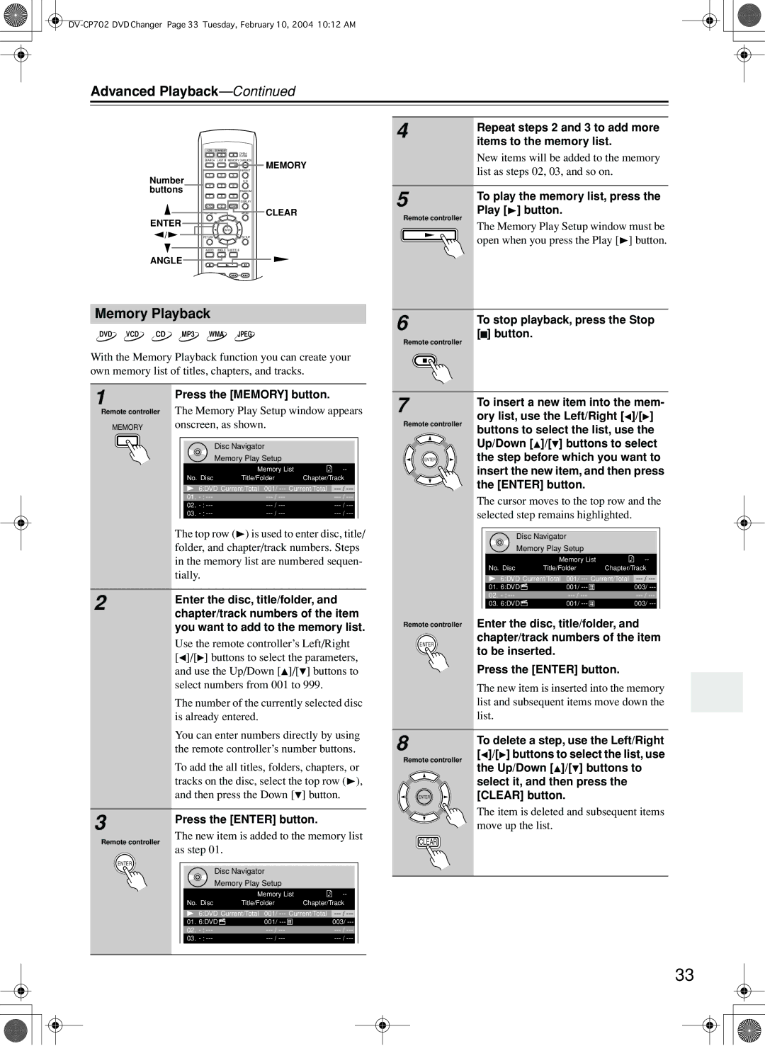 Onkyo DV-CP702 instruction manual Memory Playback 