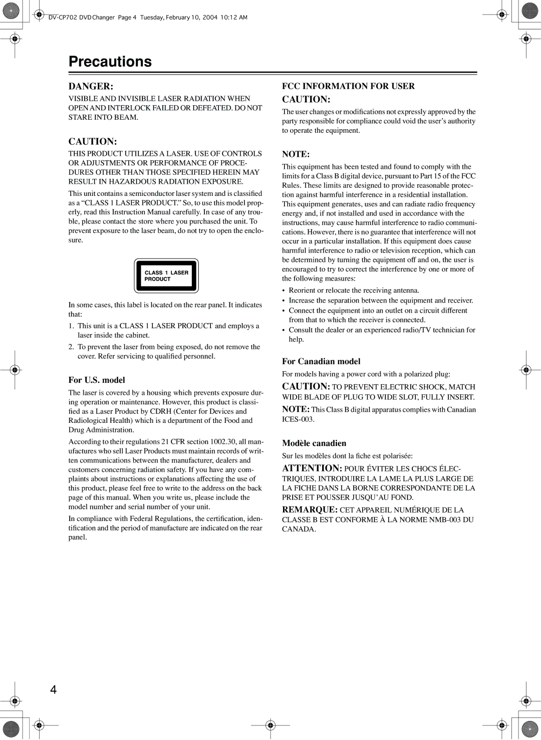 Onkyo DV-CP702 instruction manual Precautions, For models having a power cord with a polarized plug 