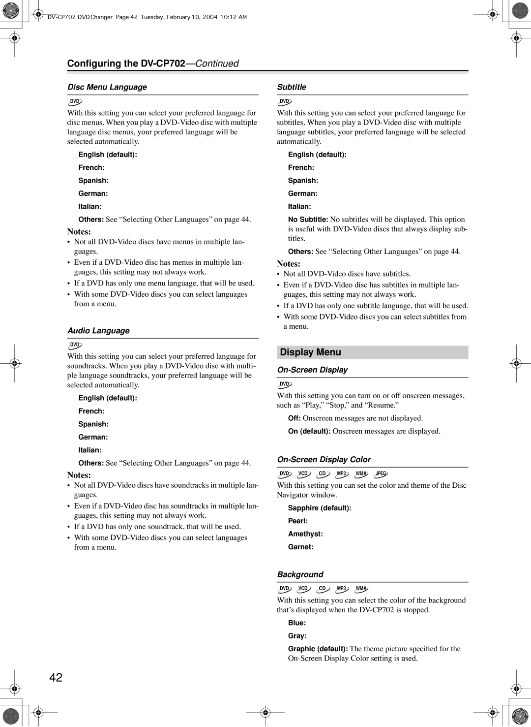 Onkyo DV-CP702 instruction manual Display Menu 