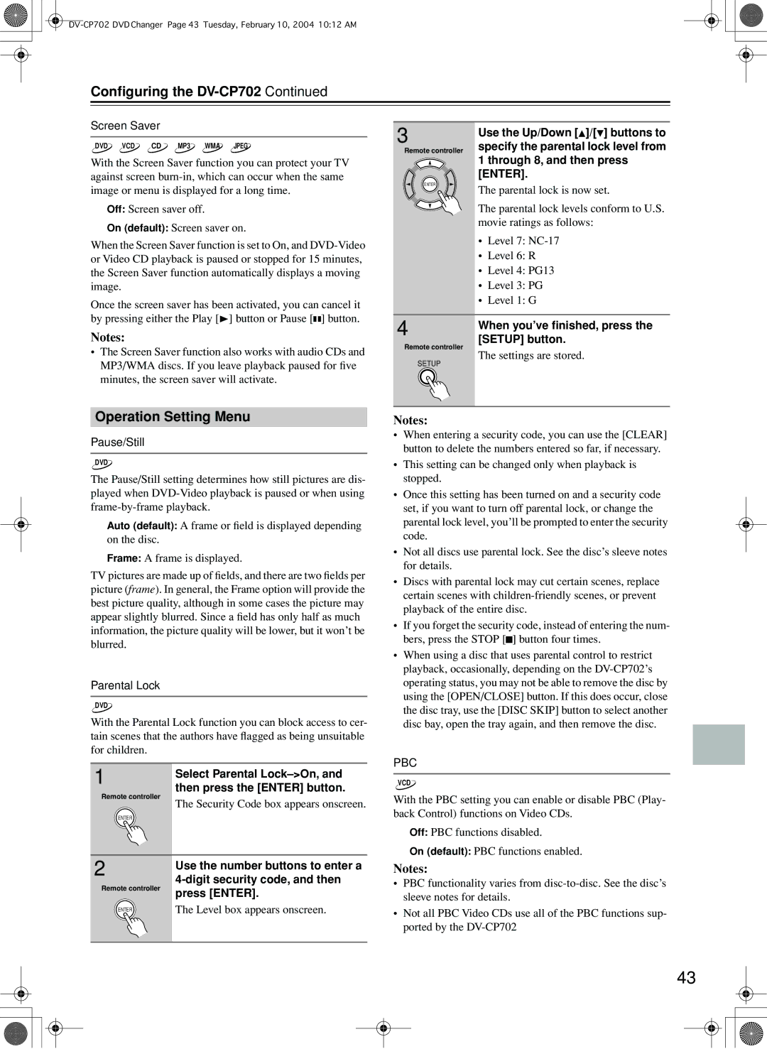 Onkyo DV-CP702 instruction manual Operation Setting Menu, Screen Saver, Pause/Still, Parental Lock 