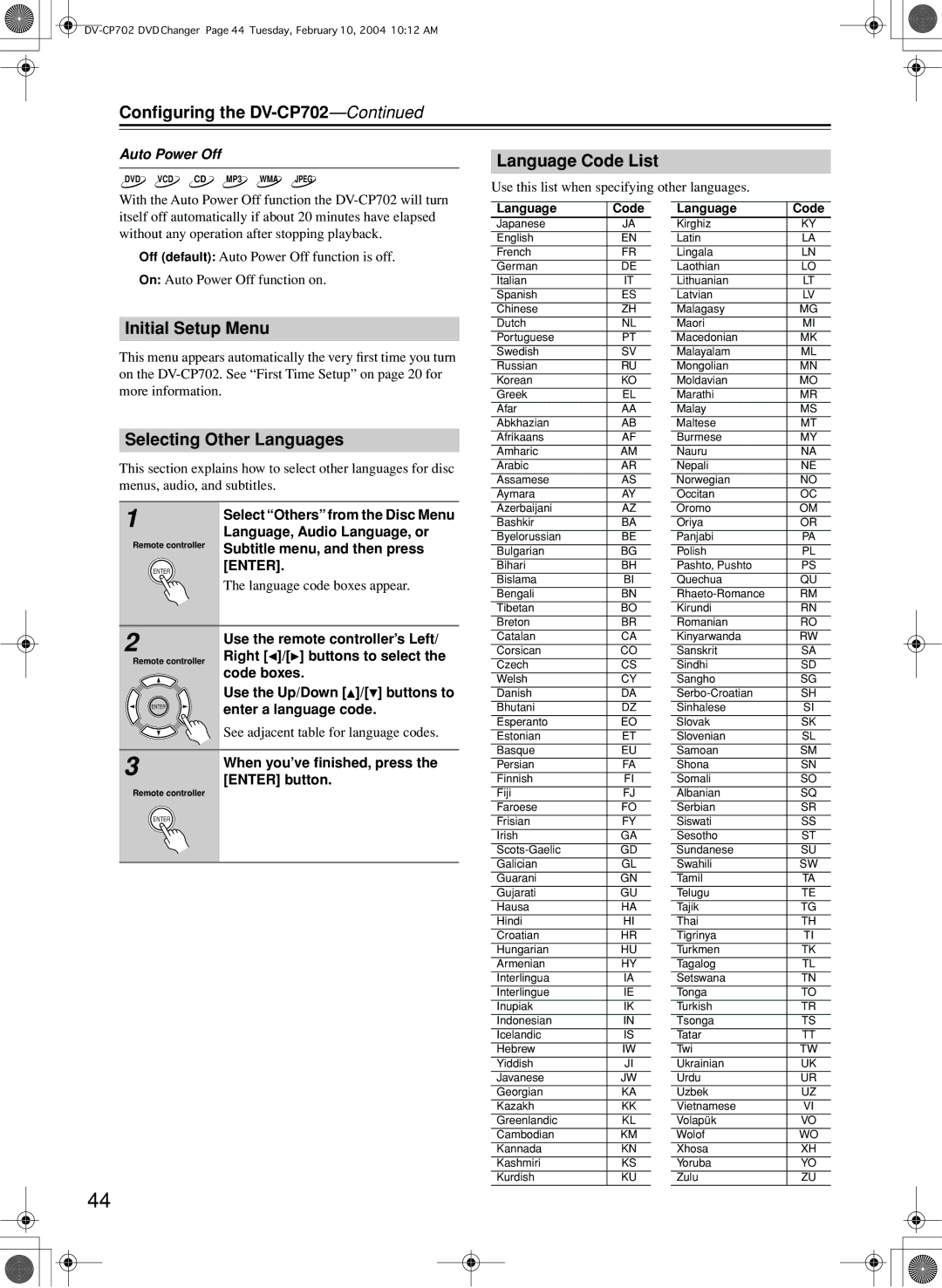 Onkyo DV-CP702 instruction manual Language Code List, Initial Setup Menu, Selecting Other Languages, Auto Power Off 