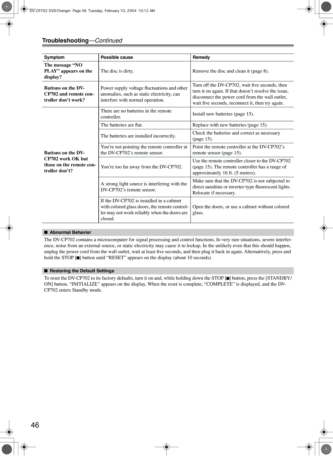 Onkyo DV-CP702 instruction manual Troubleshooting 