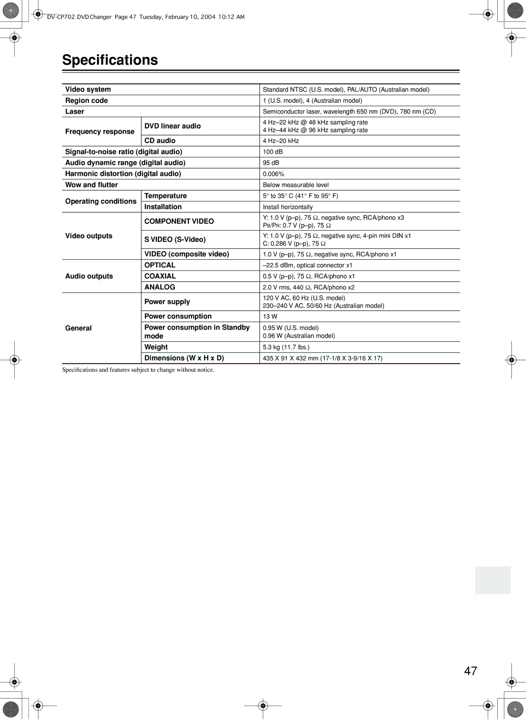 Onkyo DV-CP702 instruction manual Speciﬁcations, Component Video 