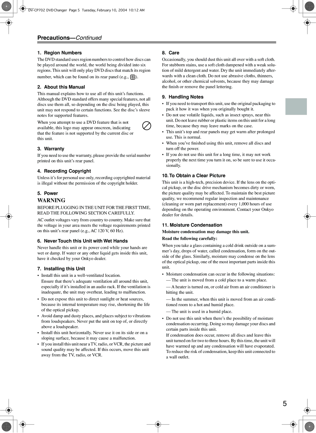 Onkyo DV-CP702 Region Numbers, About this Manual, Warranty, Care, Handling Notes, Recording Copyright, Power 