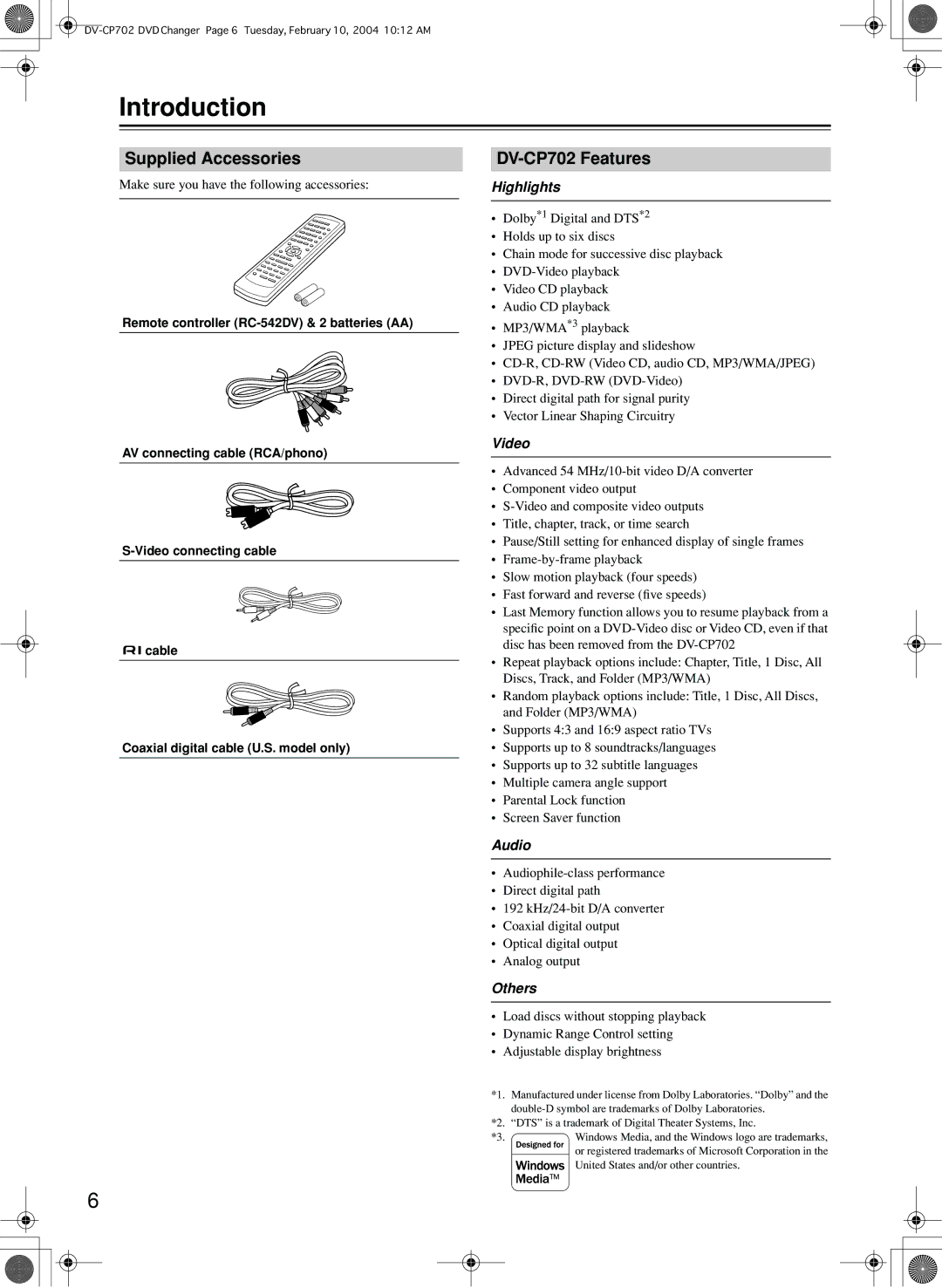 Onkyo instruction manual Introduction, Supplied Accessories, DV-CP702 Features 